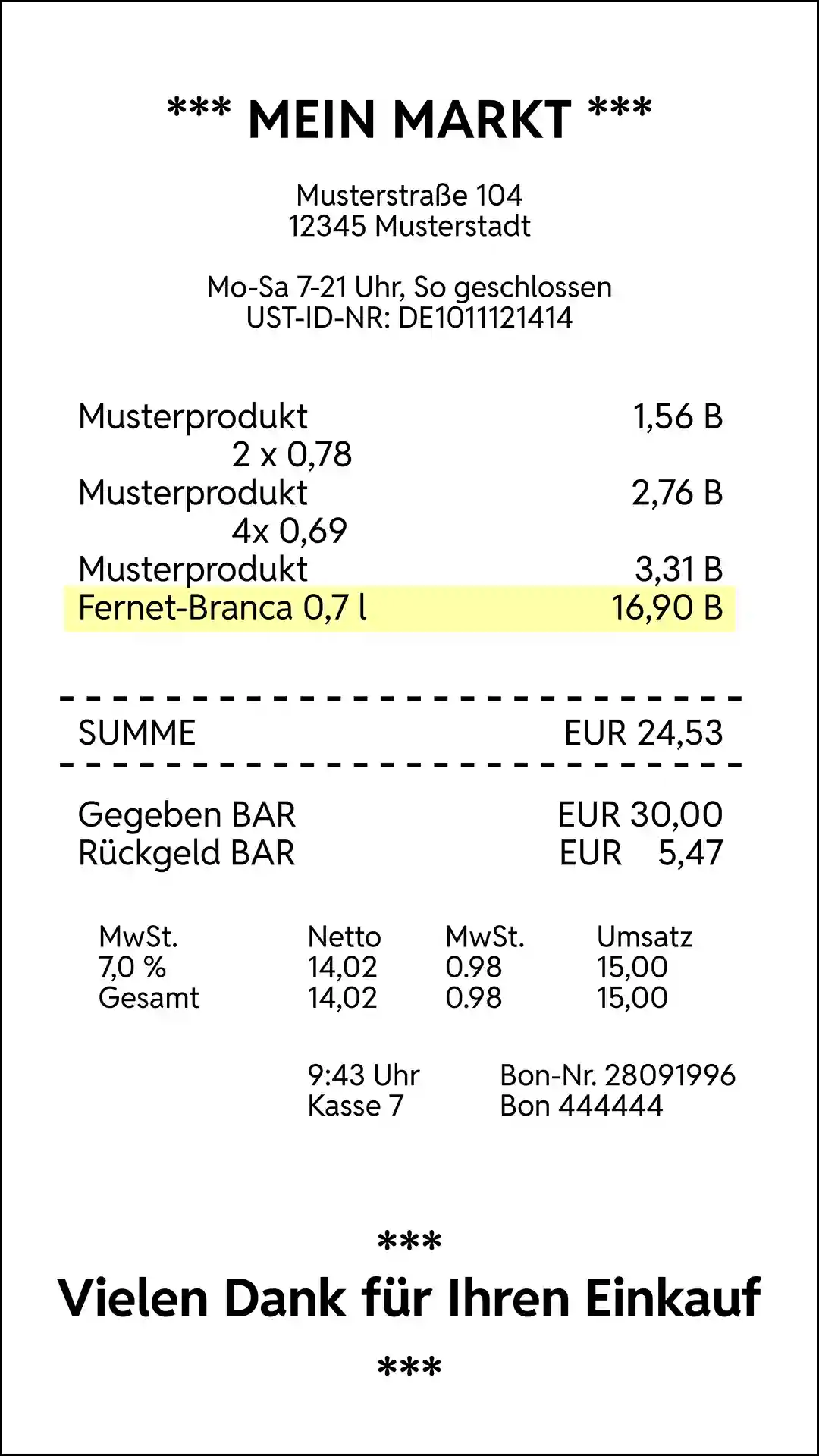 Eine Quittung eines deutschen Supermarkts, auf der mehrere Artikel, darunter auch Fernet-Branca, mit Preisen und Summen aufgeführt sind, sowie ein Dankeschön am Ende.